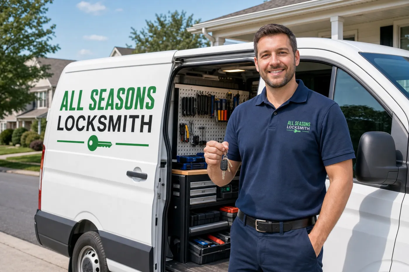 An All Seasons Locksmith technician beside the company service van in a Central Pennsylvania neighborhood