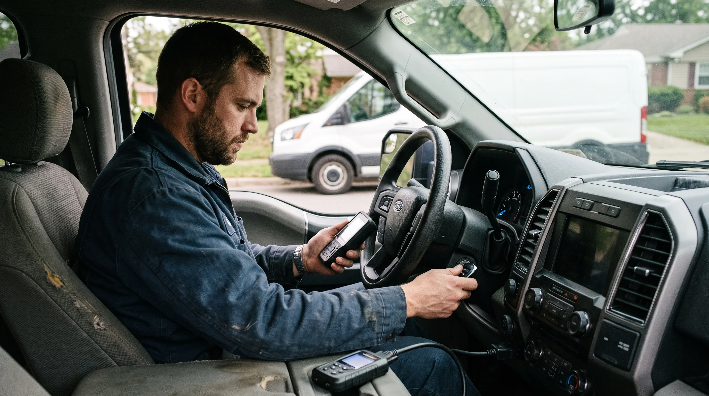 Locksmith technician programming a car key fob at the steering column of a left-hand-drive pickup truck, diagnostic tool connected to the OBD port