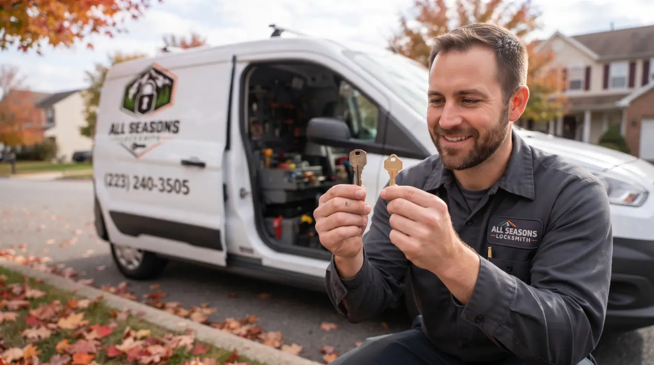 Locksmith technician comparing a freshly cut key with the original beside an All Seasons Locksmith service van on a Harrisburg area street, van softly blurred behind him