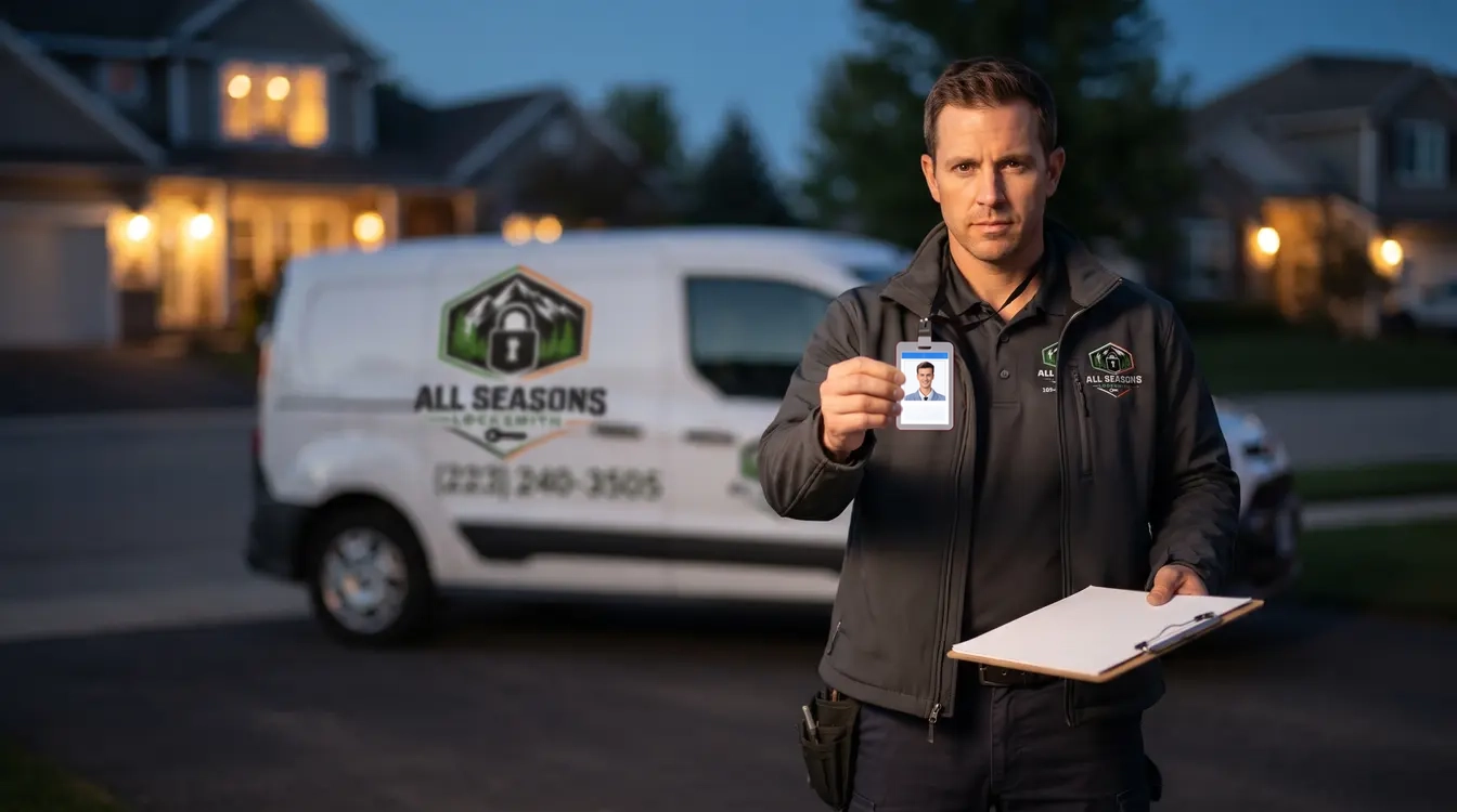 Locksmith technician in uniform holding up an ID badge and clipboard in a Harrisburg area driveway at dusk, All Seasons Locksmith service van softly blurred behind him