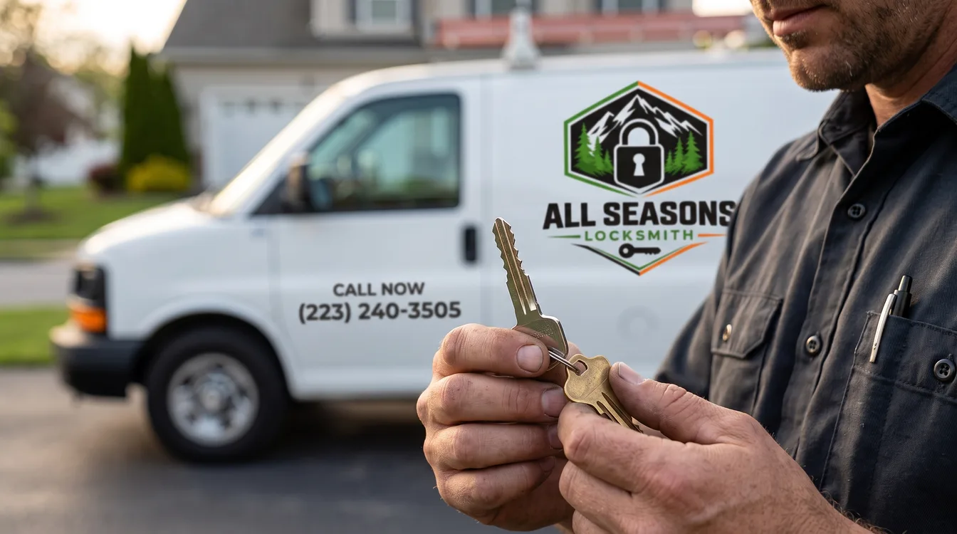 Locksmith technician holding a freshly cut car key next to the original for key duplication, All Seasons Locksmith service van softly blurred behind him