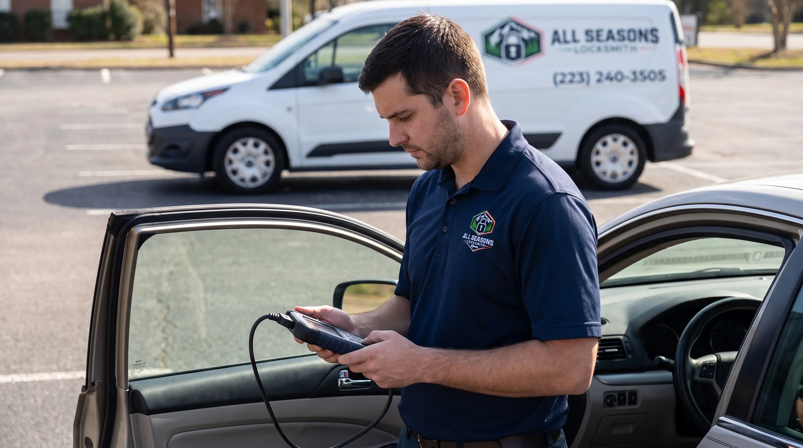 Locksmith technician in a branded All Seasons Locksmith service vehicle programming a car key fob on site, diagnostic tool connected near the steering column