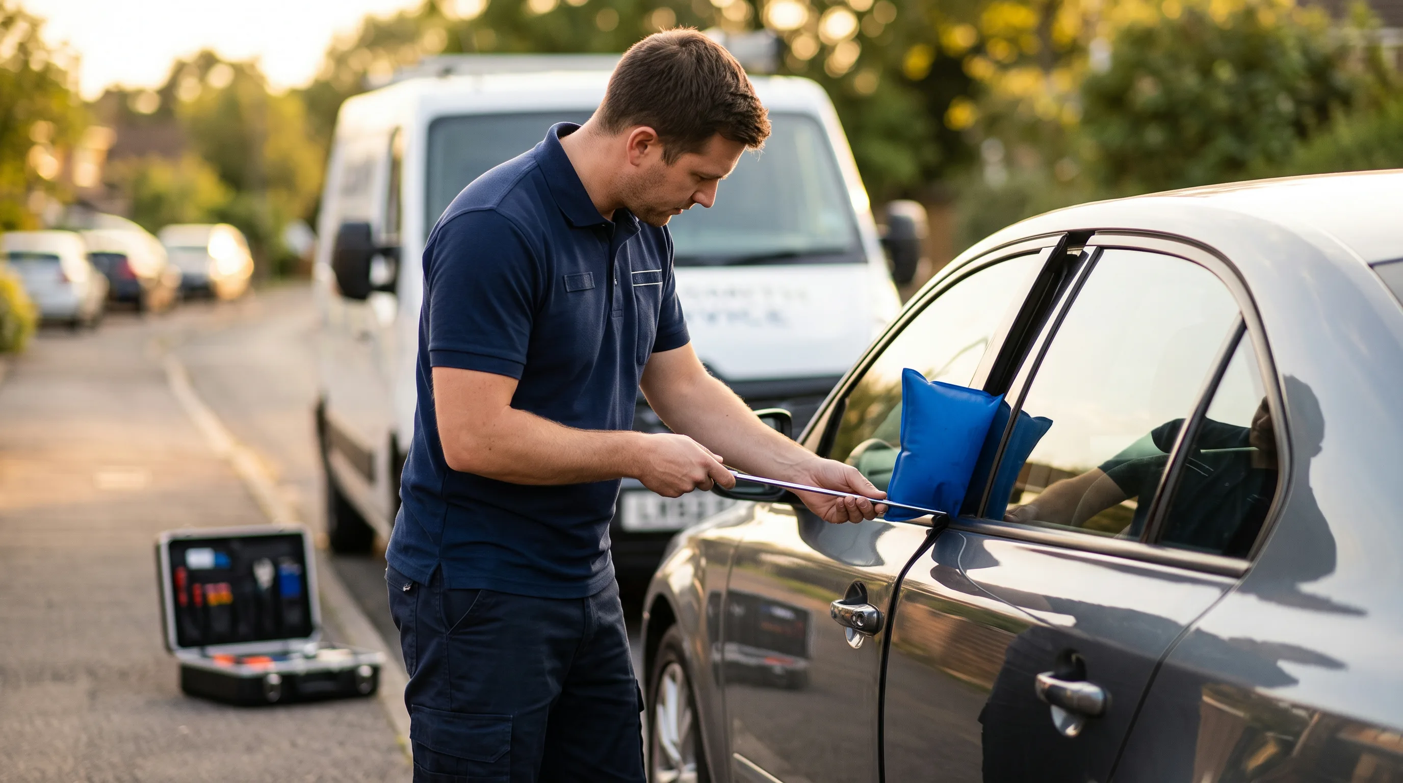 Mobile locksmith technician using a non-destructive lockout tool on a car door