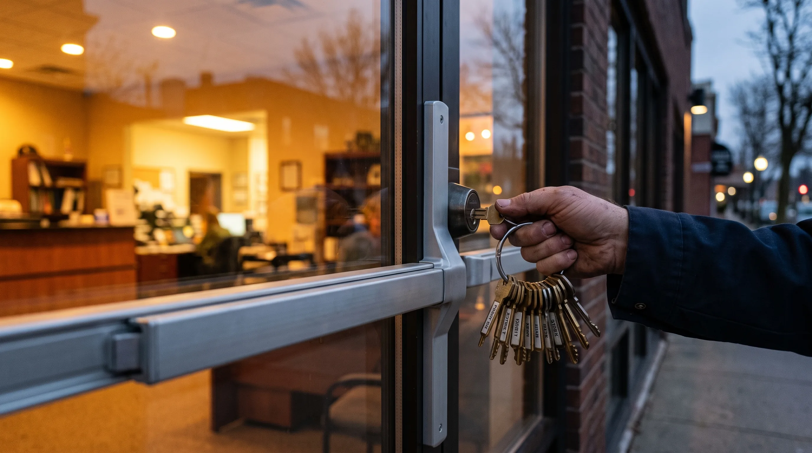 Locksmith holding a ring of labeled master keys at a commercial storefront door
