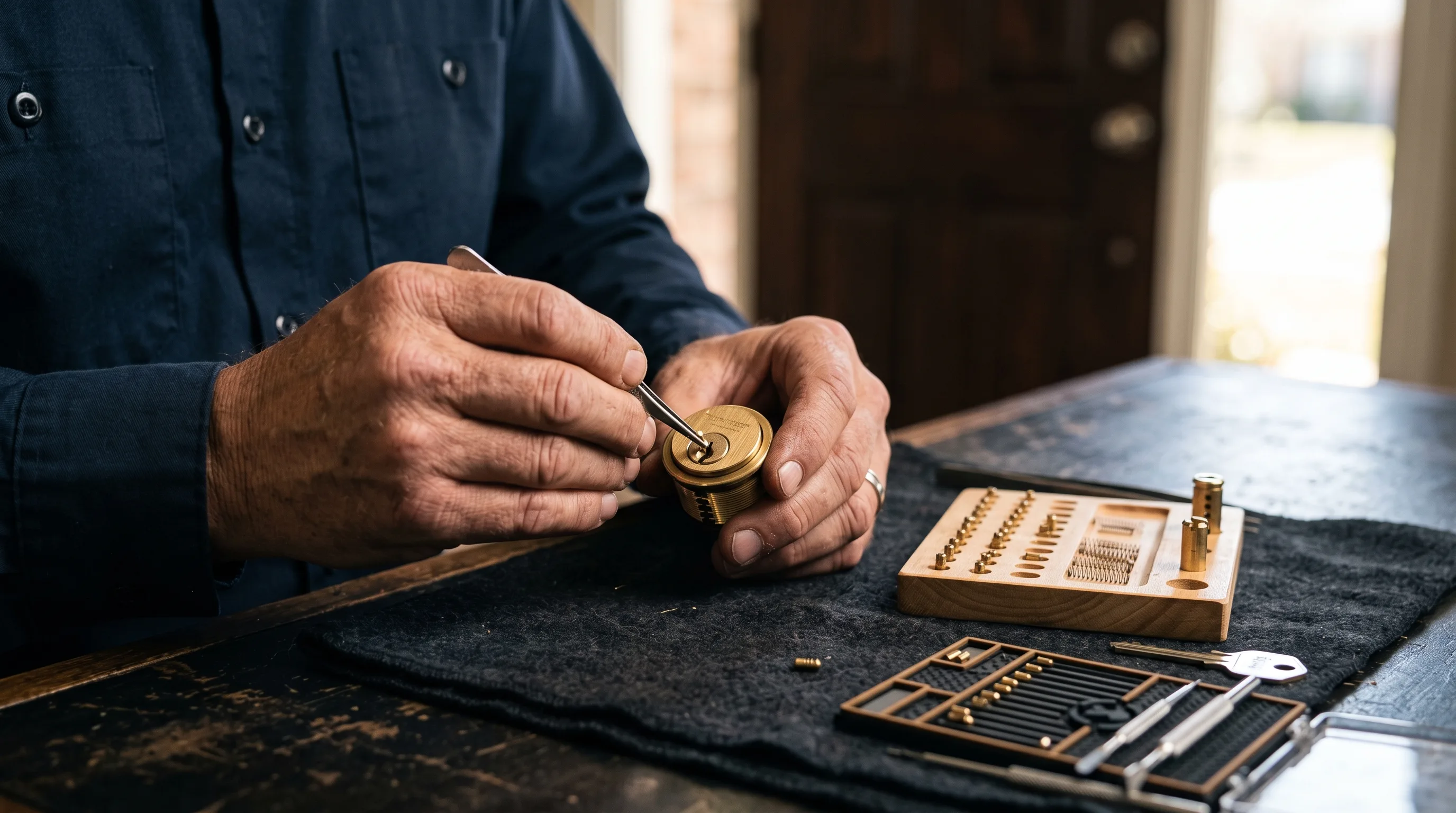Locksmith rekeying a residential deadbolt lock cylinder on a workbench