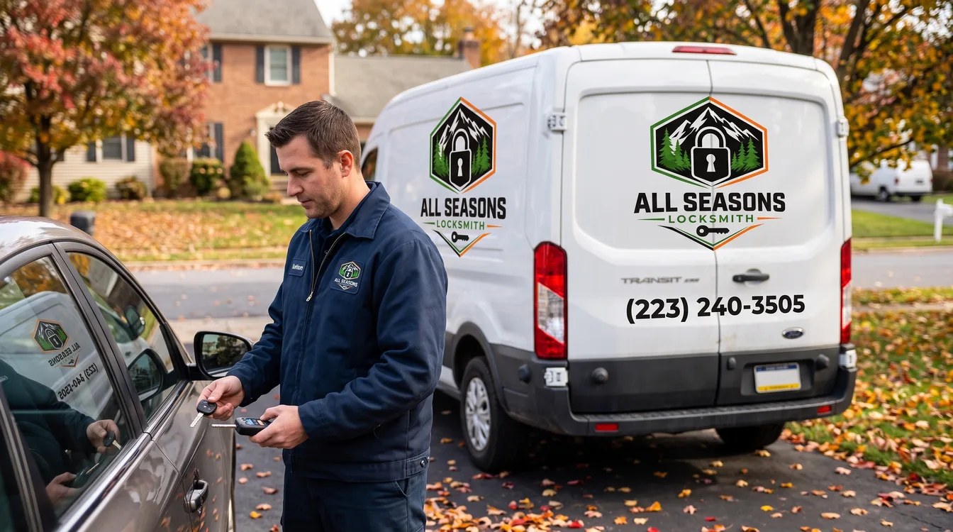 Locksmith technician holding a transponder car key and programming tool beside a vehicle, with a branded All Seasons Locksmith service van softly blurred behind in a Central PA driveway